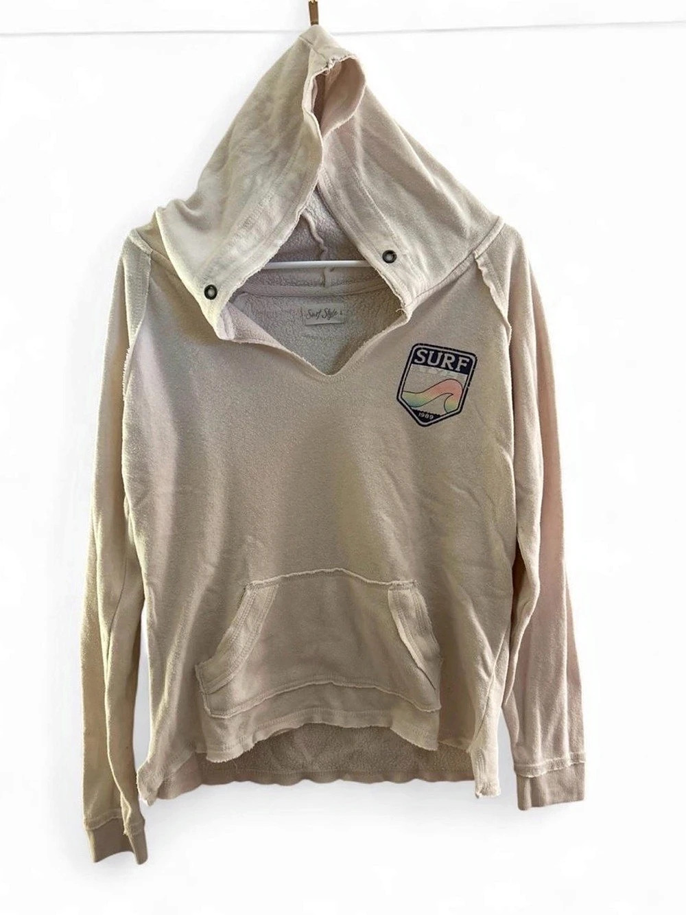 Surf Style Puff Fleece Pullover Hoodie Beige Size Small